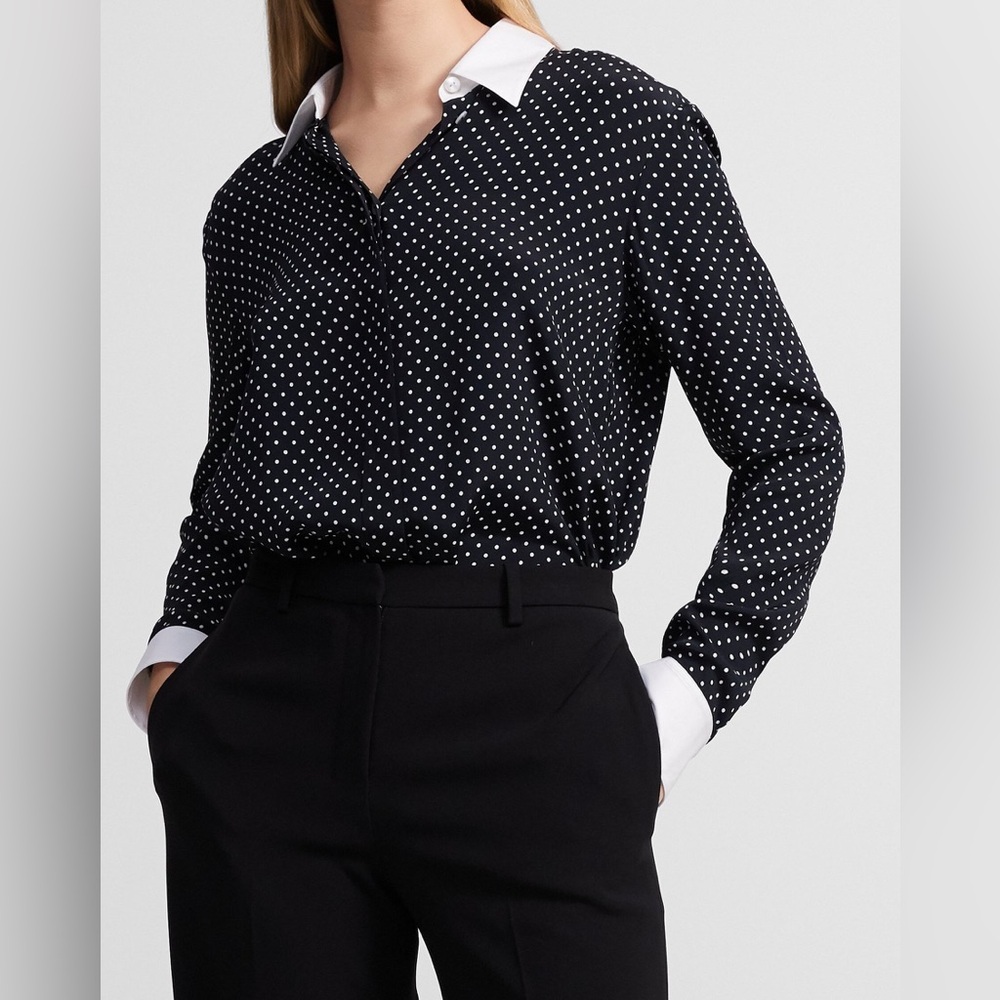 NWT $325 Theory Black White Contrast Straight Shirt in Polka Dot Crepe